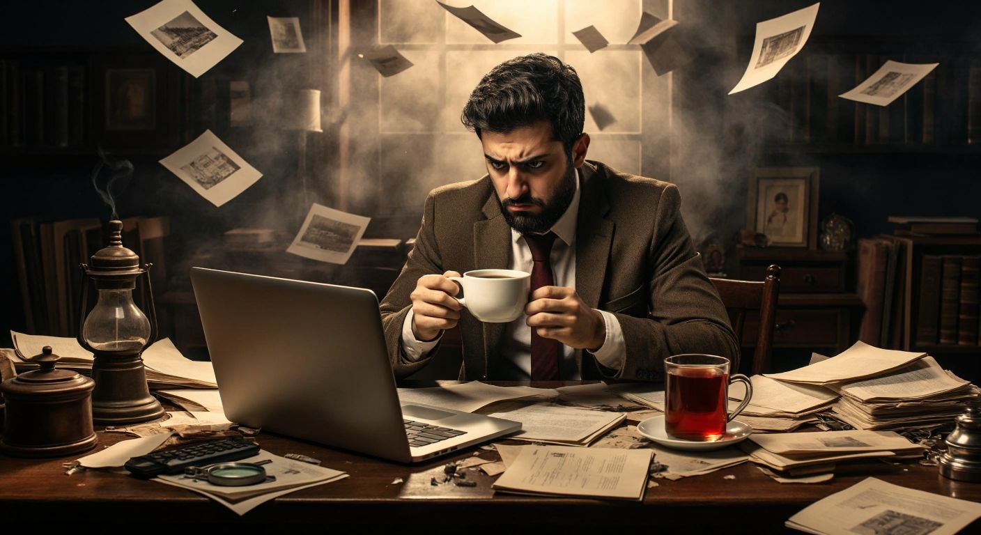 A person in Turkey frowns at a laptop screen while holding a steaming cup of çay, surrounded by scattered papers and a magnifying glass, searching for brand origins.