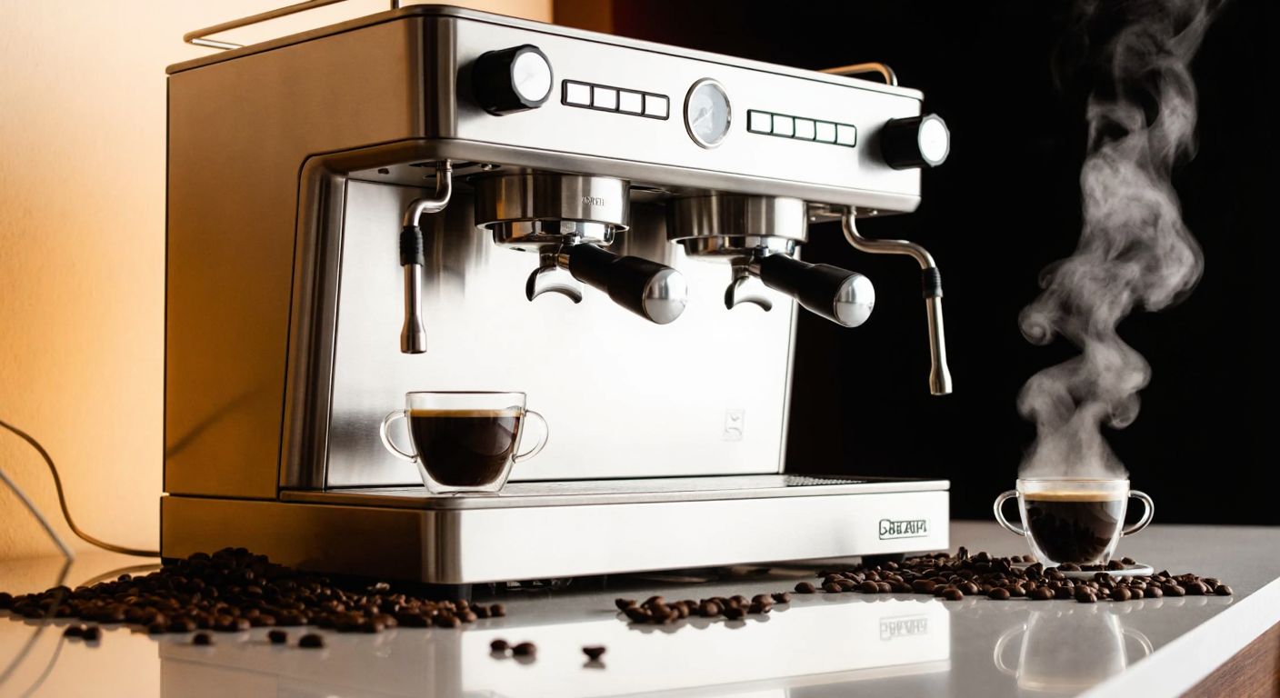 A sleek, stainless steel espresso machine with two brewing groups sits on a polished countertop, steam rising from its nozzles as rich, dark coffee drips into small cups, surrounded by scattered coffee beans and a warm, inviting glow.
