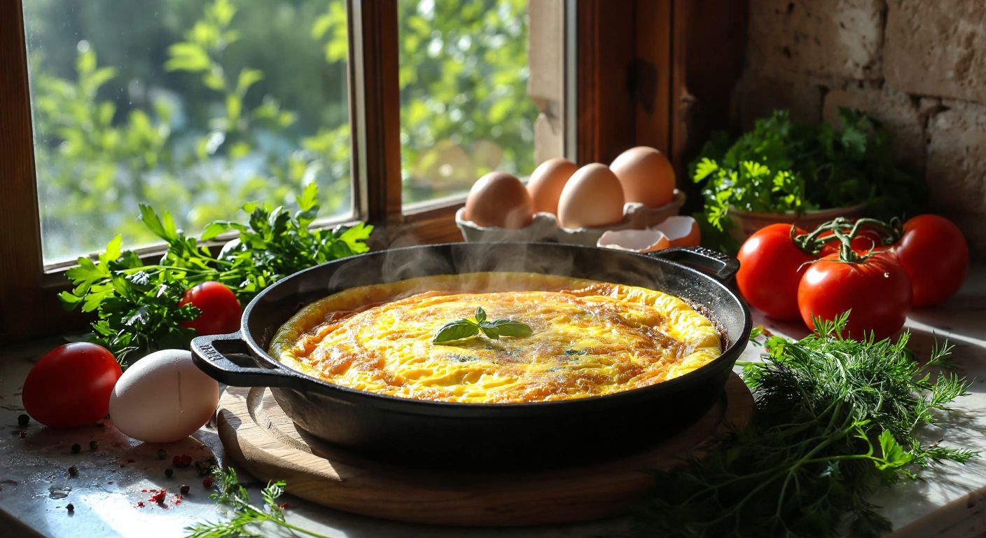 A golden, fluffy omelet sizzling in a cast-iron pan on a Turkish breakfast table, surrounded by fresh vegetables, herbs, and a cracked eggshell, with sunlight streaming through a window onto the vibrant ingredients.