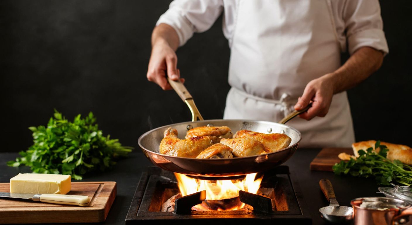 A French chef in a white apron sears golden-brown chicken pieces in a sizzling copper pan over a flame, with fresh herbs and butter nearby.