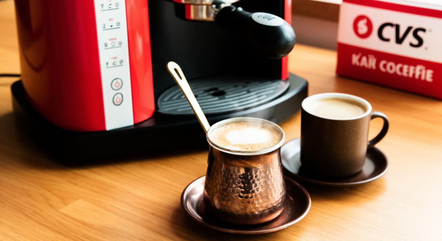 A Turkish-style coffee pot (cezve) sits on a wooden table beside a steaming cup of frothy coffee, with a modern CVS-branded coffee machine in the background, reflecting a blend of tradition and convenience.