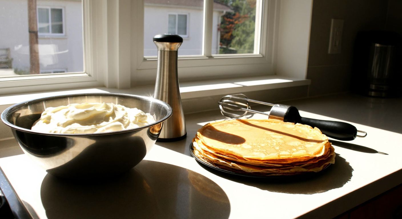 A Turkish kitchen counter with a stainless steel bowl of whipped vanilla cream, a hand mixer resting beside it, and a stack of golden crepes nearby, bathed in warm sunlight from a window.
