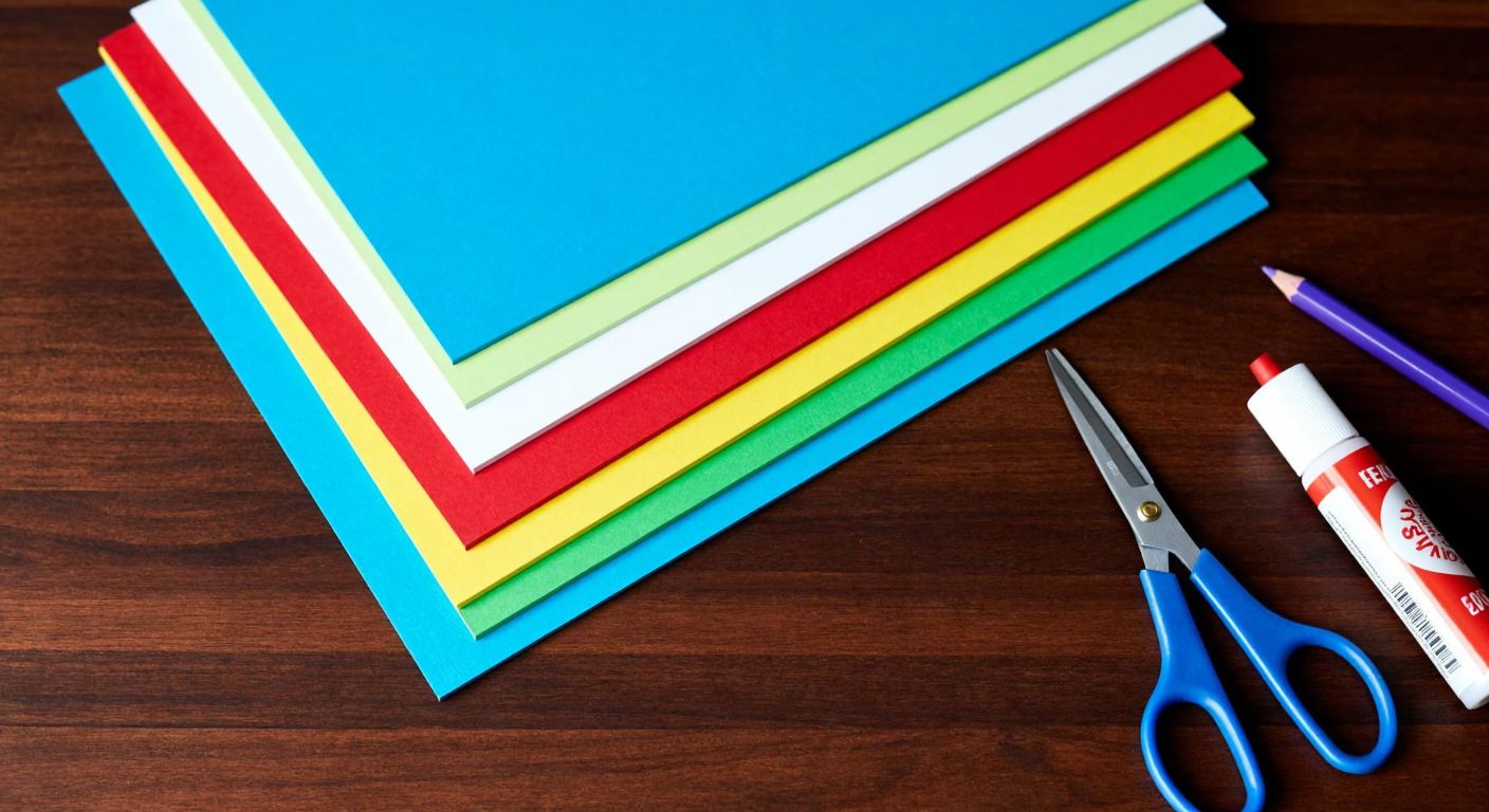 A colorful stack of cardboard sheets and glossy photo paper arranged neatly on a wooden table, with a pair of scissors and a glue stick nearby, evoking a craft-making scene.