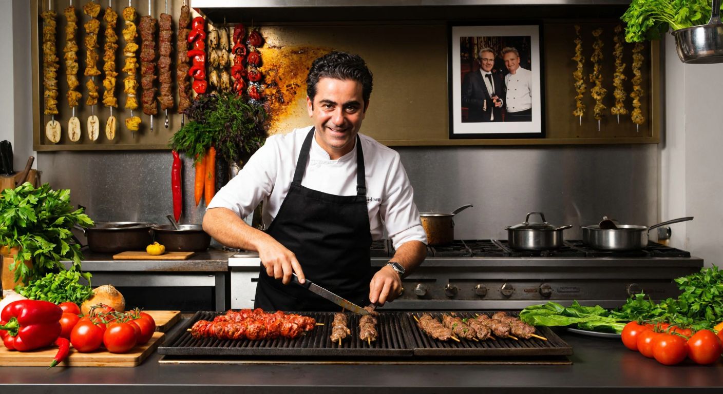 A vibrant Turkish kitchen with Hazer Amani smiling as he prepares sizzling kebabs on a grill, surrounded by fresh ingredients like tomatoes, peppers, and herbs, while a framed photo collage of famous international chefs like Alain Ducasse and Gordon Ramsay hangs on the wall.