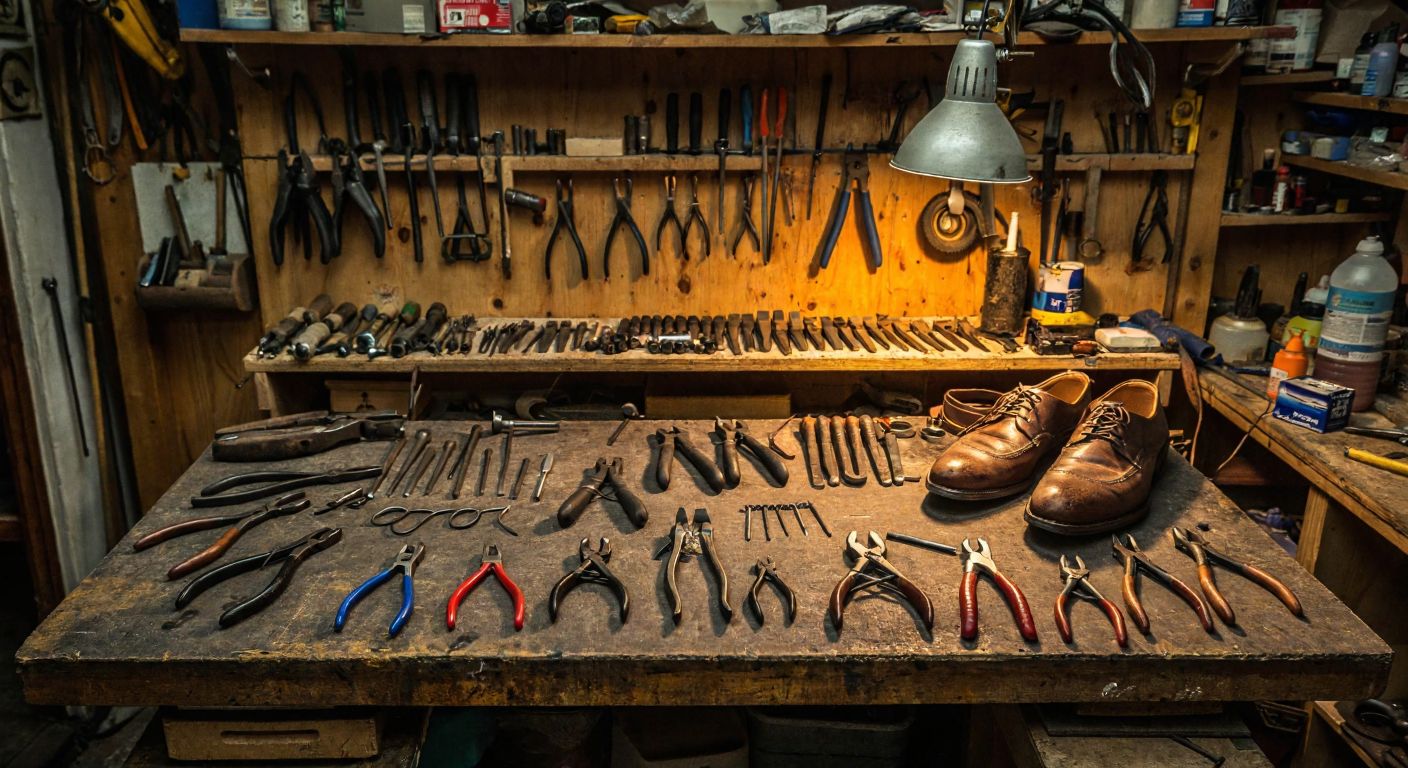 A sturdy workbench in a Turkish workshop, scattered with various pliers—segman, wire-bending, needle-nose, and cutting pliers—each neatly arranged beside a worn leather shoe sole, under warm lighting.
