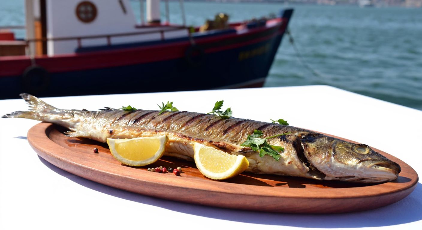 A freshly grilled karabalık (Clarias lazera) on a rustic wooden plate, garnished with lemon slices and herbs, resting on a sunlit table by the Bosphorus with a traditional Turkish fishing boat in the background.
