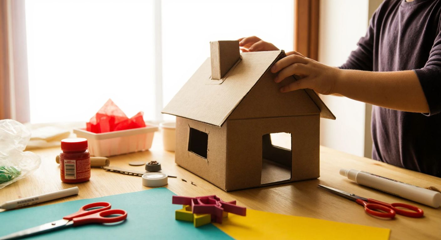 A child’s hands carefully assembling a small cardboard house with a sloped roof, surrounded by scattered craft supplies like scissors, glue, and colored paper on a wooden table in a sunlit Turkish home.