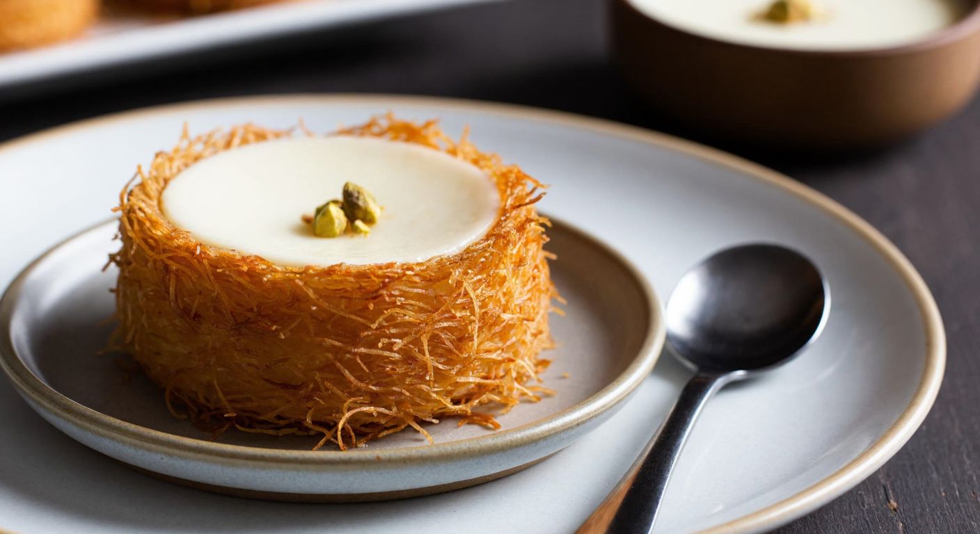 A golden-brown crispy kadayıf nest cradling a creamy white muhallebi, placed on a small ceramic plate with a spoon beside it, evoking warmth and indulgence.