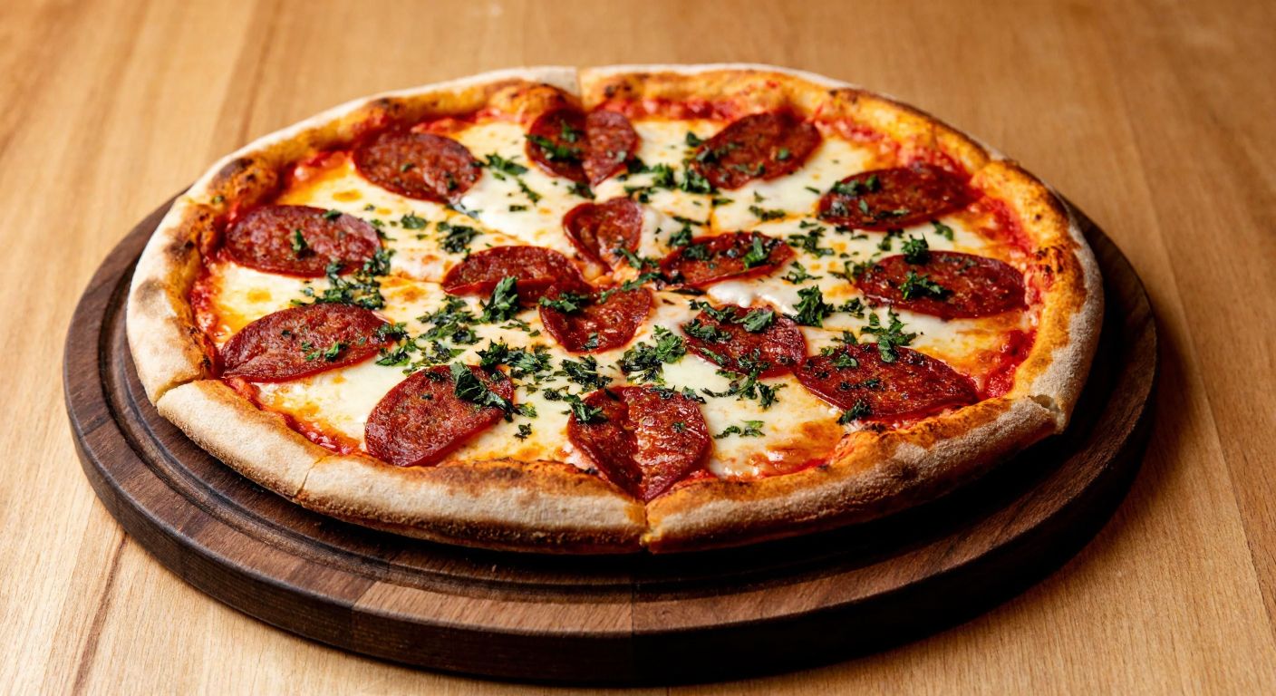 A steaming medium-sized pizza with six equal slices, topped with spicy Turkish sucuk (sausage), melted cheese, and fresh herbs, placed on a wooden table in a cozy pizzeria.
