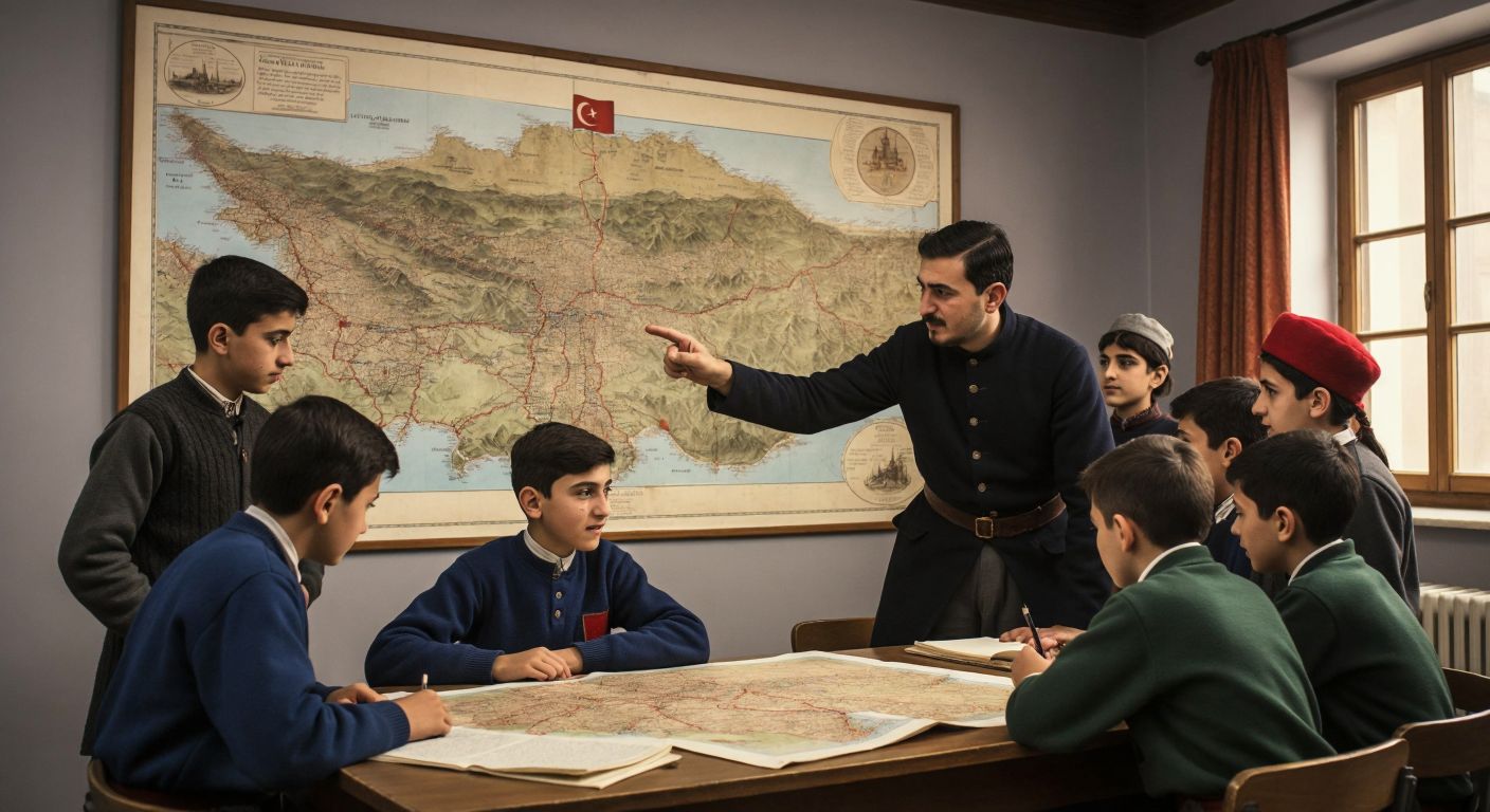 A determined group of Turkish students in a classroom, attentively studying a large historical map of Anatolia during the National Struggle, with a teacher pointing to key locations like Sivas and Ankara.