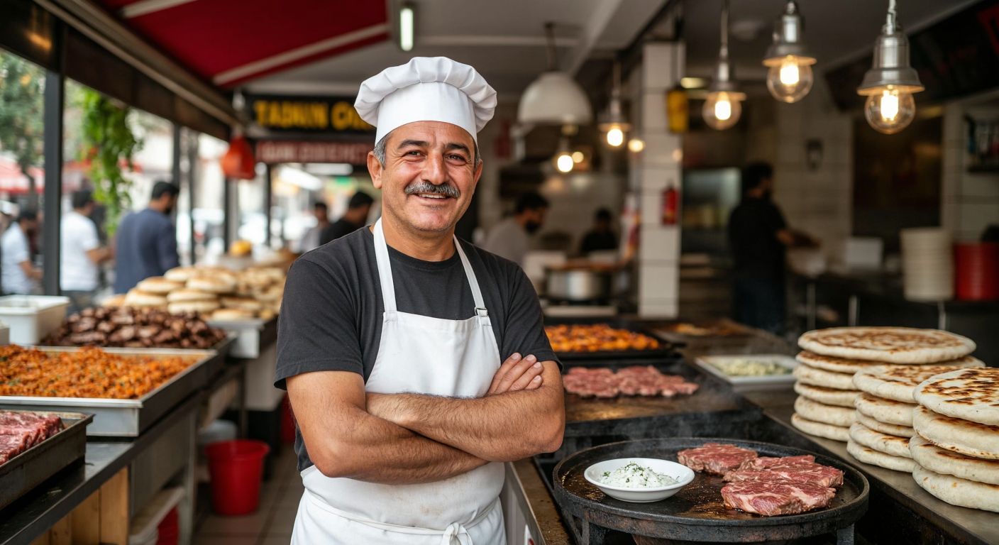 A middle-aged Turkish man with a warm smile, wearing a white apron and a chef's hat, stands proudly in front of a bustling tantuni restaurant with sizzling meat on a griddle and fresh lavas bread stacked nearby.