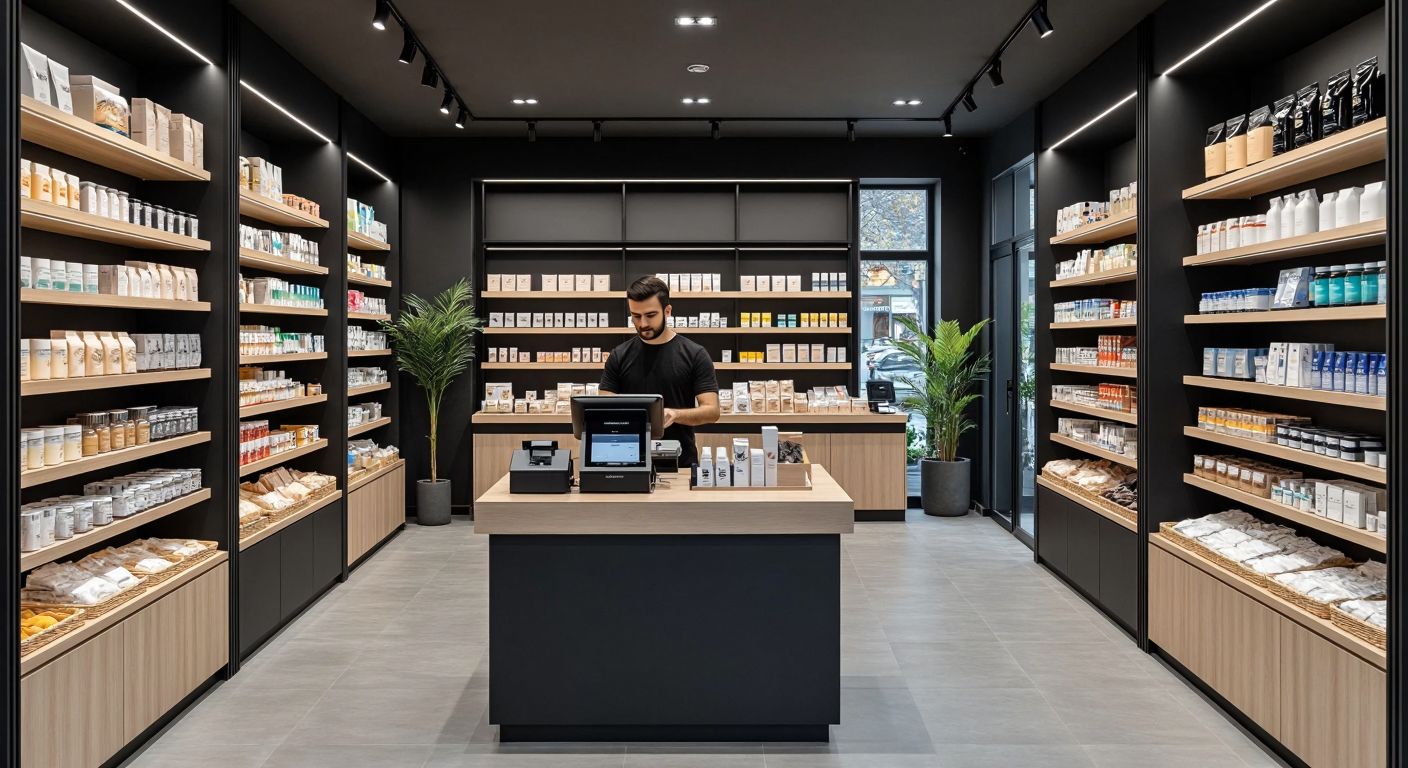 A sleek, modern retail store in Turkey with a cashier using a POS terminal, surrounded by neatly arranged shelves of products, conveying efficiency and professionalism.