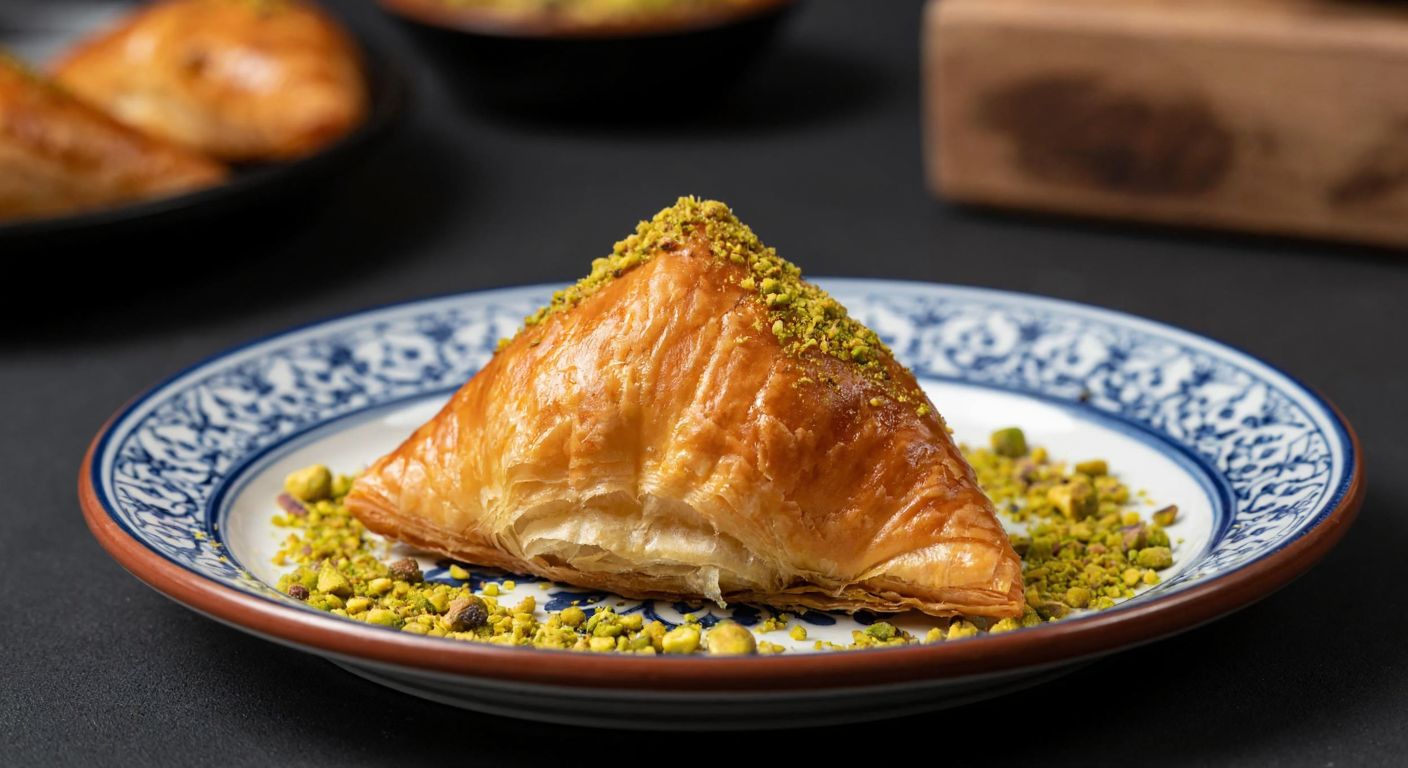 A golden, flaky **şöbiyet** pastry sits on a traditional Turkish ceramic plate, surrounded by pistachio crumbs and a drizzle of syrup, with the warm hues of a Gaziantep bakery in the background.