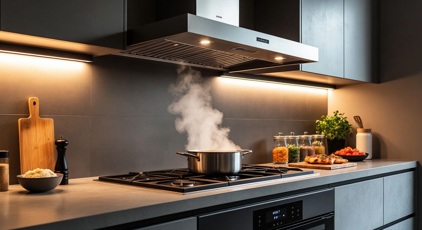 A modern Turkish kitchen with a sleek under-cabinet range hood, one version connected to a duct leading outside and another recirculating air through a filter, while steam rises from a simmering pot of *çorba* on the stove.