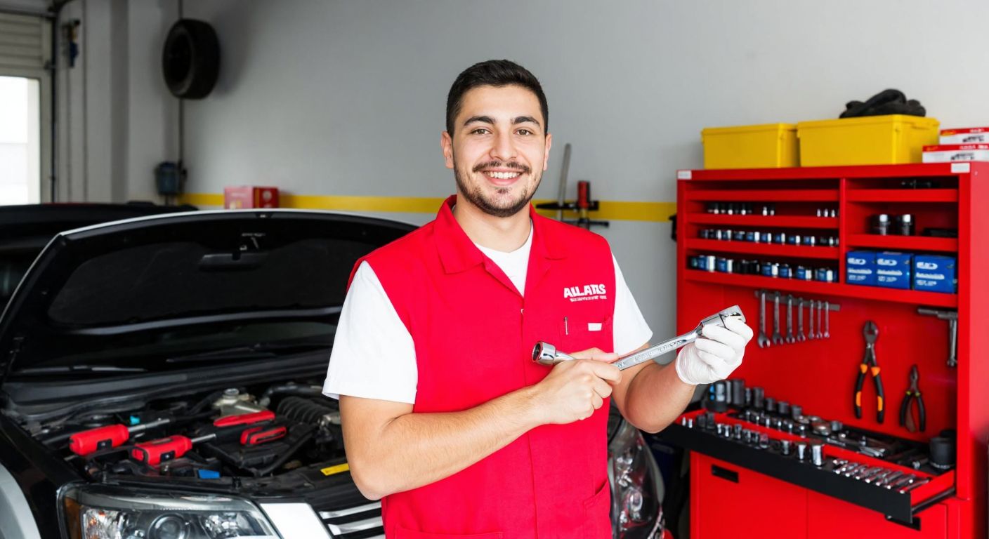 A mechanic in a Turkish garage smiles while holding a sturdy Altaş-brand socket wrench, surrounded by neatly organized tools and a car engine in the background.