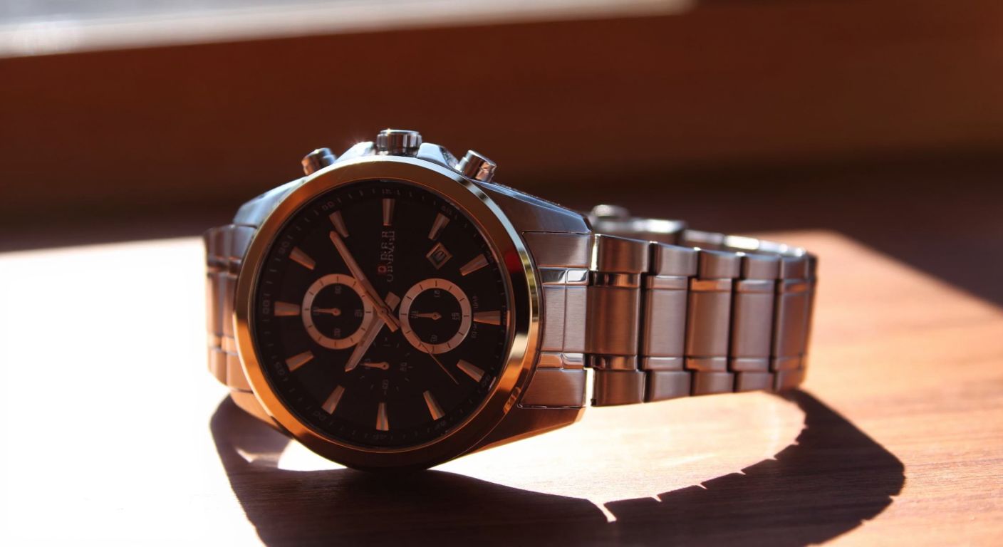 A close-up of a stylish, silver-banded Curren wristwatch resting on a wooden table, with warm sunlight reflecting off its polished surface, conveying durability and elegance.