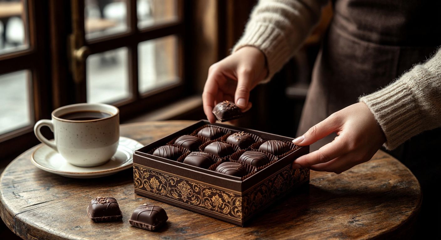 A rustic wooden table in a cozy Turkish café holds an elegantly wrapped box of Pelit chocolates, its nostalgic packaging slightly open to reveal handcrafted chocolates, while a hand hesitates between delight and skepticism above them.