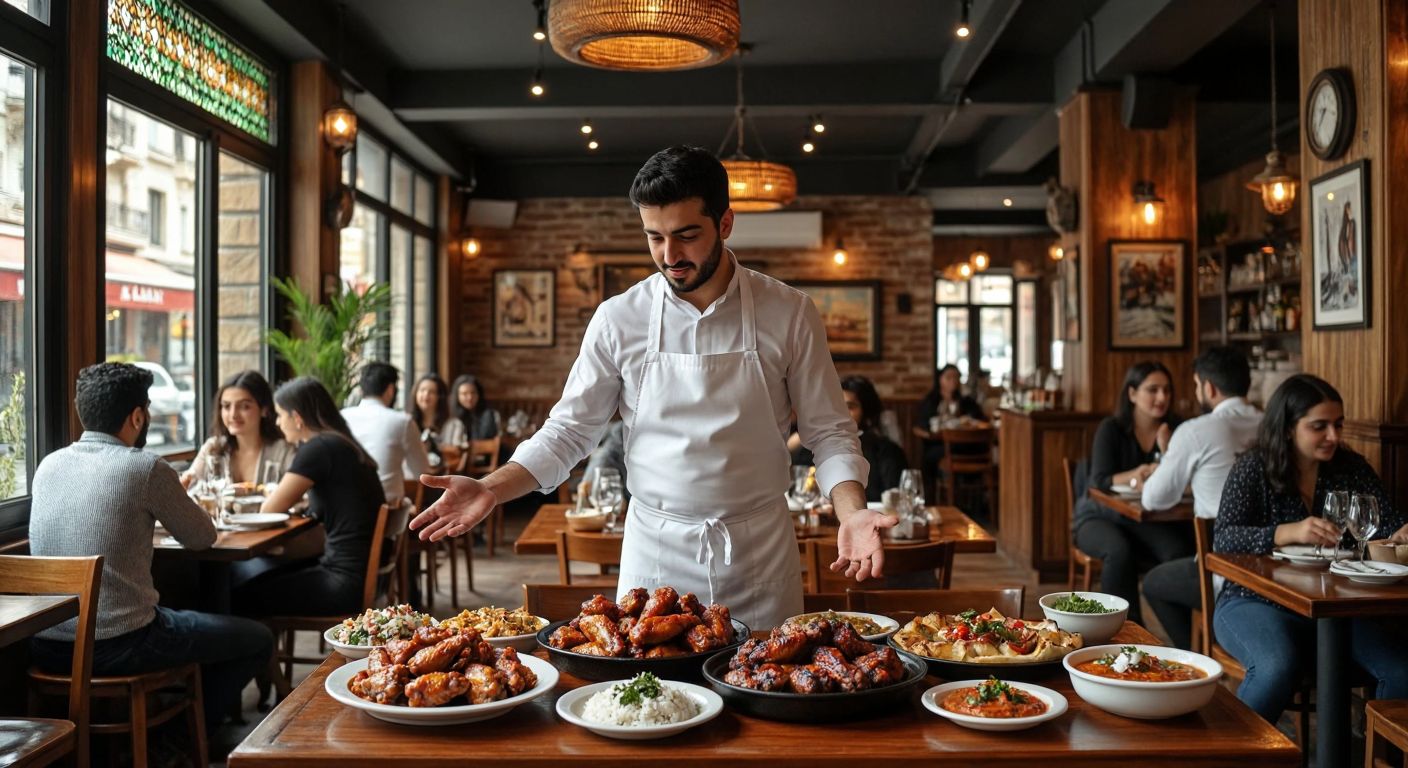 A bustling Turkish restaurant with a warm, inviting atmosphere, where a waiter in a crisp white apron shakes his head politely while gesturing toward a table laden with sizzling chicken wings and traditional meze dishes, surrounded by cheerful diners.
