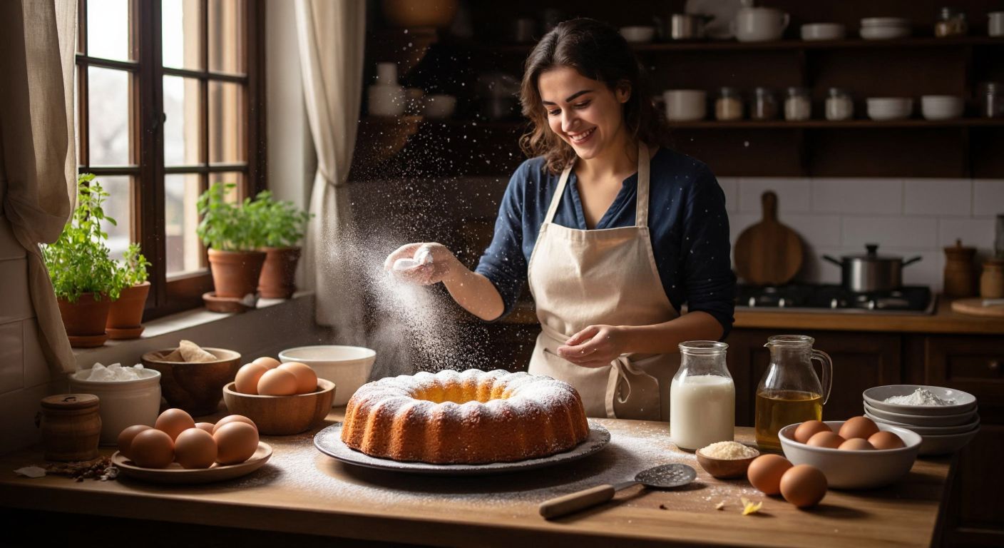 A warm Turkish kitchen with a golden-brown milk cake cooling on a counter, surrounded by scattered ingredients like eggs, sugar, and milk, while a smiling woman in an apron dusts powdered sugar over the freshly baked cake.