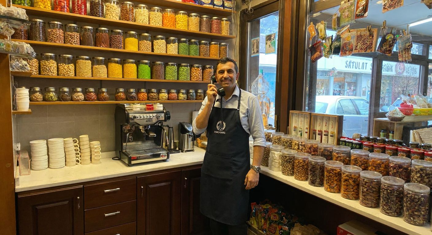 A cozy corner shop in Ankara with shelves lined with colorful nuts and snacks, a vintage espresso machine on the counter, and a friendly shopkeeper holding a traditional Turkish phone receiver.