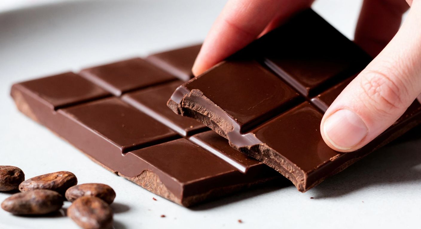 A close-up of a hand breaking a dark, glossy square of bitter chocolate, with cocoa powder dusting the edges and a few scattered cocoa beans nearby.