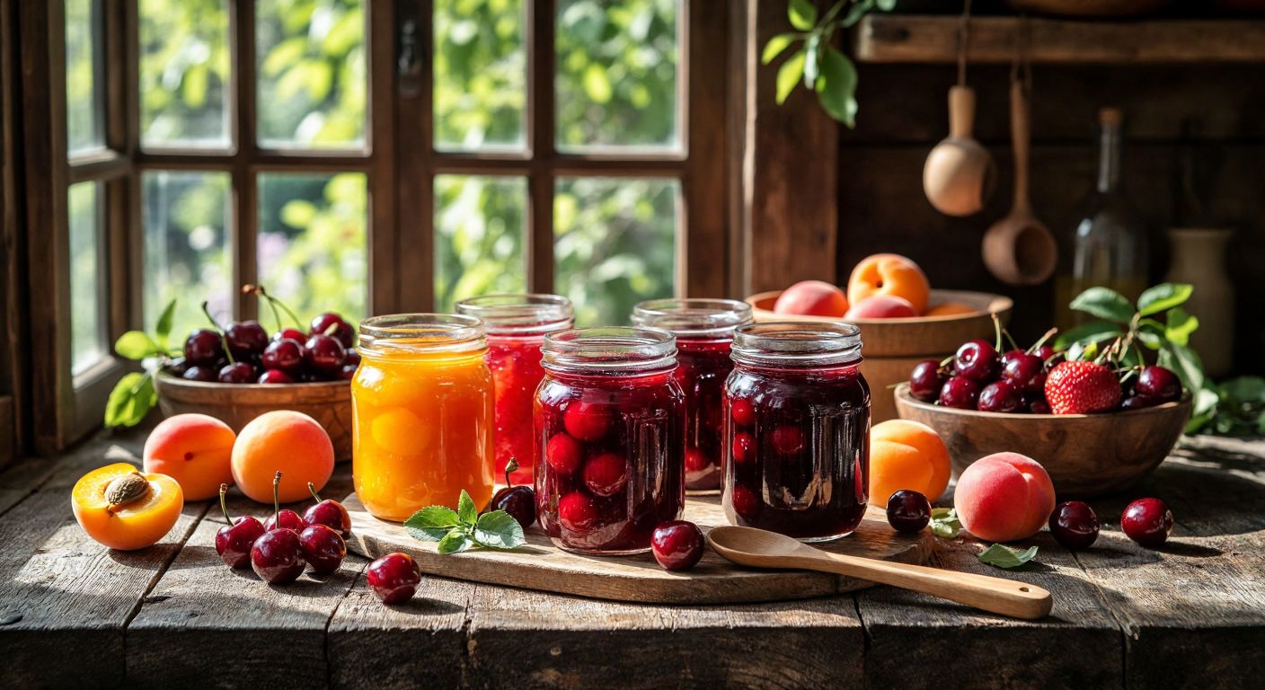 A rustic wooden table in a sunlit Turkish kitchen holds glass jars filled with vibrant apricot, strawberry, and sour cherry jams, surrounded by fresh fruits and a wooden spoon.