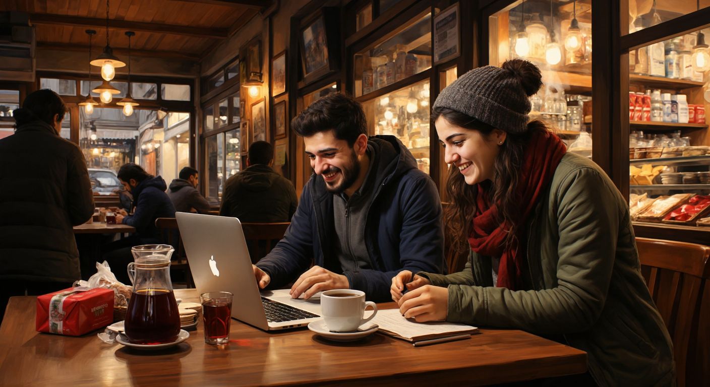 A person in Turkey excitedly types on a laptop in a cozy café, surrounded by packages and a steaming cup of Turkish tea, while another person leans in to share advice.