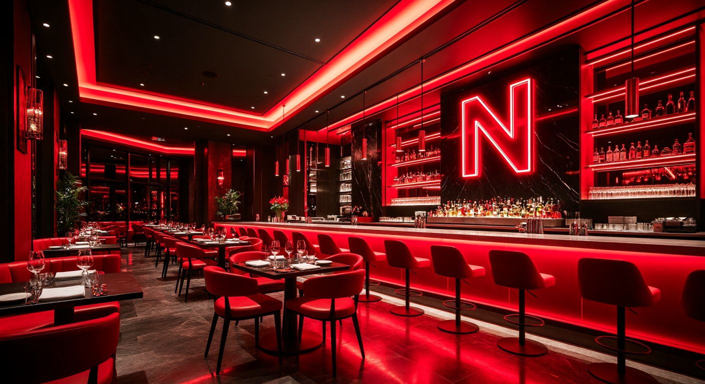 A sleek, modern restaurant interior in Las Vegas with a glowing red "N" logo subtly embedded in the decor, where elegantly plated dishes inspired by Netflix cooking shows are served to excited diners in a vibrant, upscale setting.