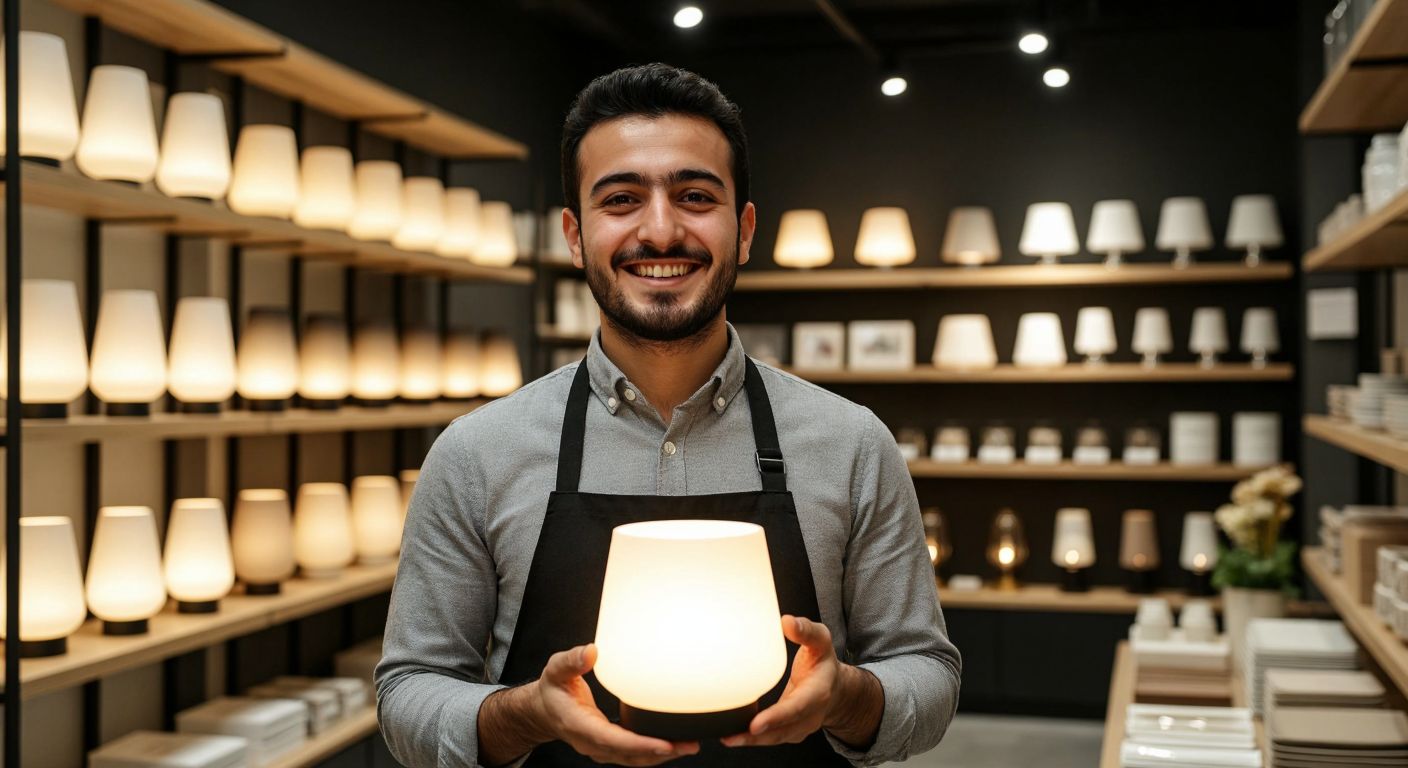 A cheerful Turkish shopkeeper in a well-lit store proudly displays a modern lamp, with shelves of stylish lighting fixtures in the background.