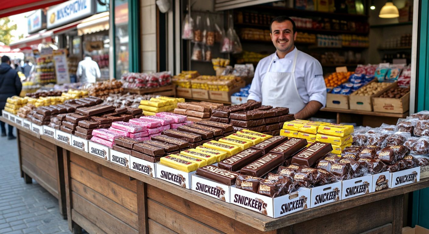 A colorful display of **24 unwrapped Snickers bars (50g each)** neatly arranged in rows on a wooden market stall in Turkey, with a vendor in a white apron smiling behind them.