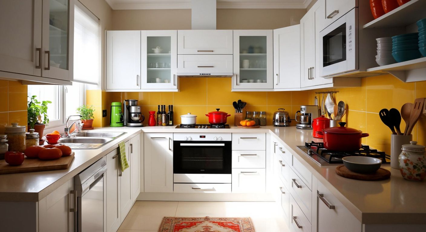 A modern Turkish home kitchen filled with gleaming white appliances, colorful small kitchen gadgets, and neatly arranged cookware, reflecting efficiency and domestic comfort.