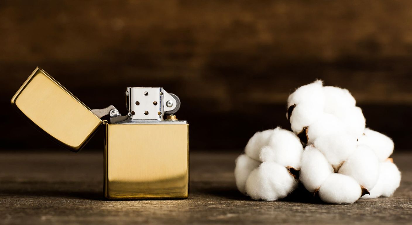 A close-up of a Zippo lighter with its lid open, revealing a frayed cotton wick next to a small pile of fluffy white cotton balls, set against a rustic wooden table in warm indoor lighting.