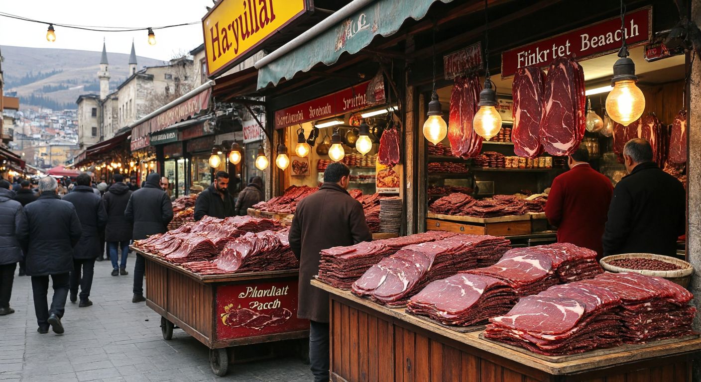 A bustling Turkish marketplace in Kayseri, with two rival pastırma vendors—one with a vintage wooden stall labeled "Hayrullah" and the other with a vibrant red stall labeled "Fikret"—each proudly displaying stacks of thinly sliced, spiced cured beef, while eager customers sample and debate their favorites under the warm glow of hanging lanterns.  

*(Note: While the description includes implied "labels" for clarity, these would not be visually represented in the image itself—only the distinct stalls and pastırma would be shown.)*