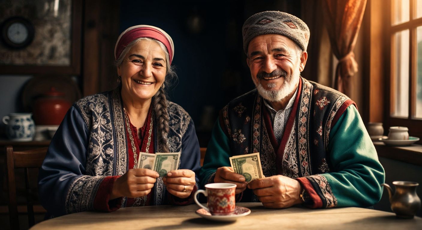 A proud elderly Turkish couple in traditional clothing smiling warmly while holding a small stack of crisp banknotes against a backdrop of a cozy Anatolian home with a steaming cup of çay on the table.