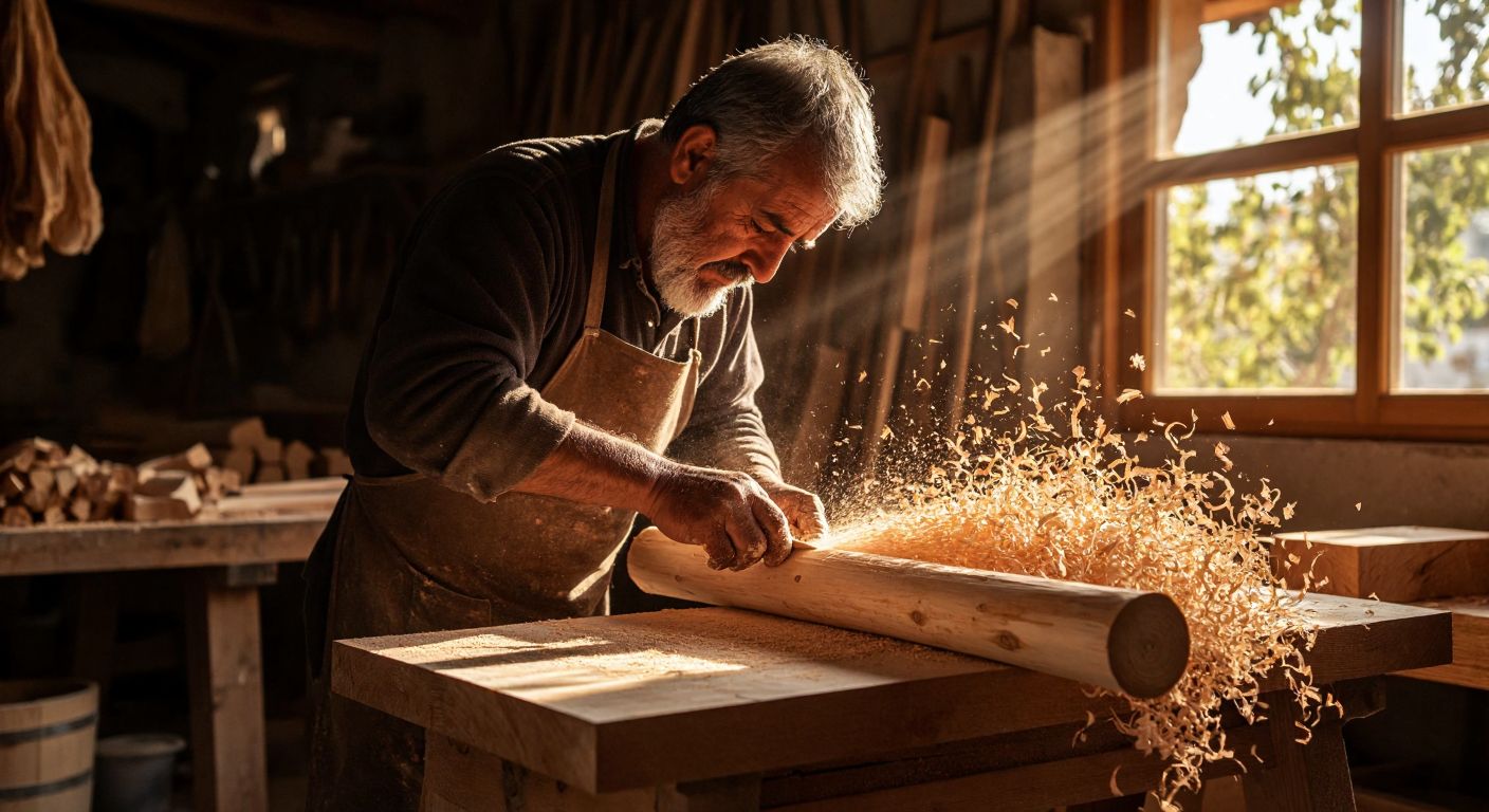 A craftsman in a sunlit Turkish workshop carefully slices a eucalyptus log into thin veneer sheets, with wood shavings curling around his hands and the earthy scent of fresh-cut timber filling the air.