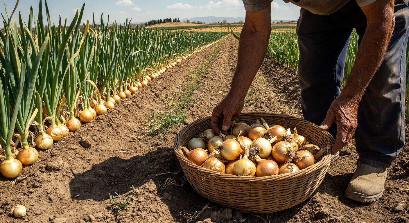 A sunlit Turkish field with rows of mature onions, their green tops slightly yellowed, being gently bent over by a farmer’s weathered hands, while a woven basket filled with freshly harvested onions sits nearby on the warm, dry soil.