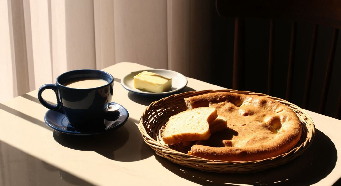 A warm, sunlit table in Algeria with a steaming cup of milky tea, a small plate of butter and jam, two slices of bread, and a rustic homemade galette on a woven tray.