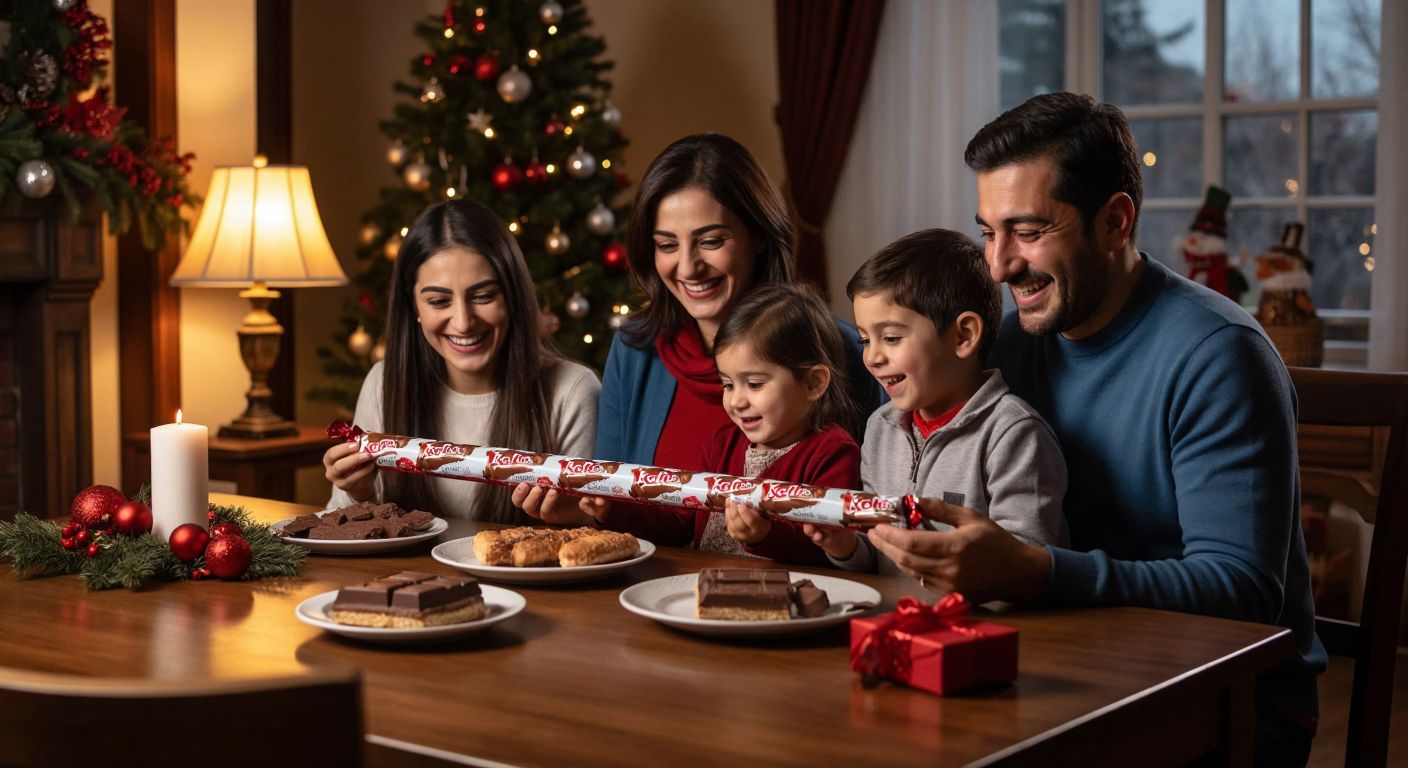A smiling Turkish family sits around a wooden table, eagerly sharing a long, half-meter Kinder chocolate bar, with festive decorations and a warm glow from a nearby lamp in the background.