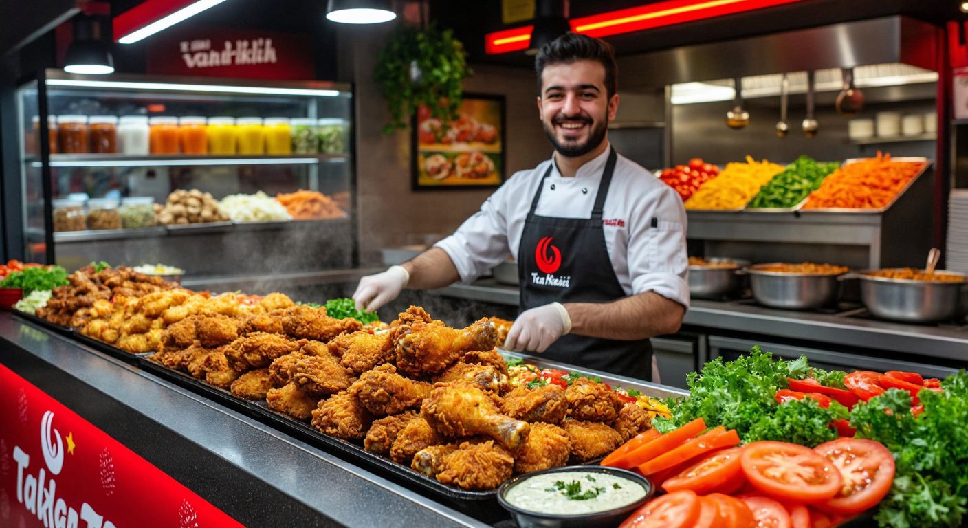 A vibrant Turkish fast-food counter displays golden-brown crispy chicken pieces with colorful fresh vegetables and signature sauces, while a smiling chef in a branded apron prepares a meal behind the counter.