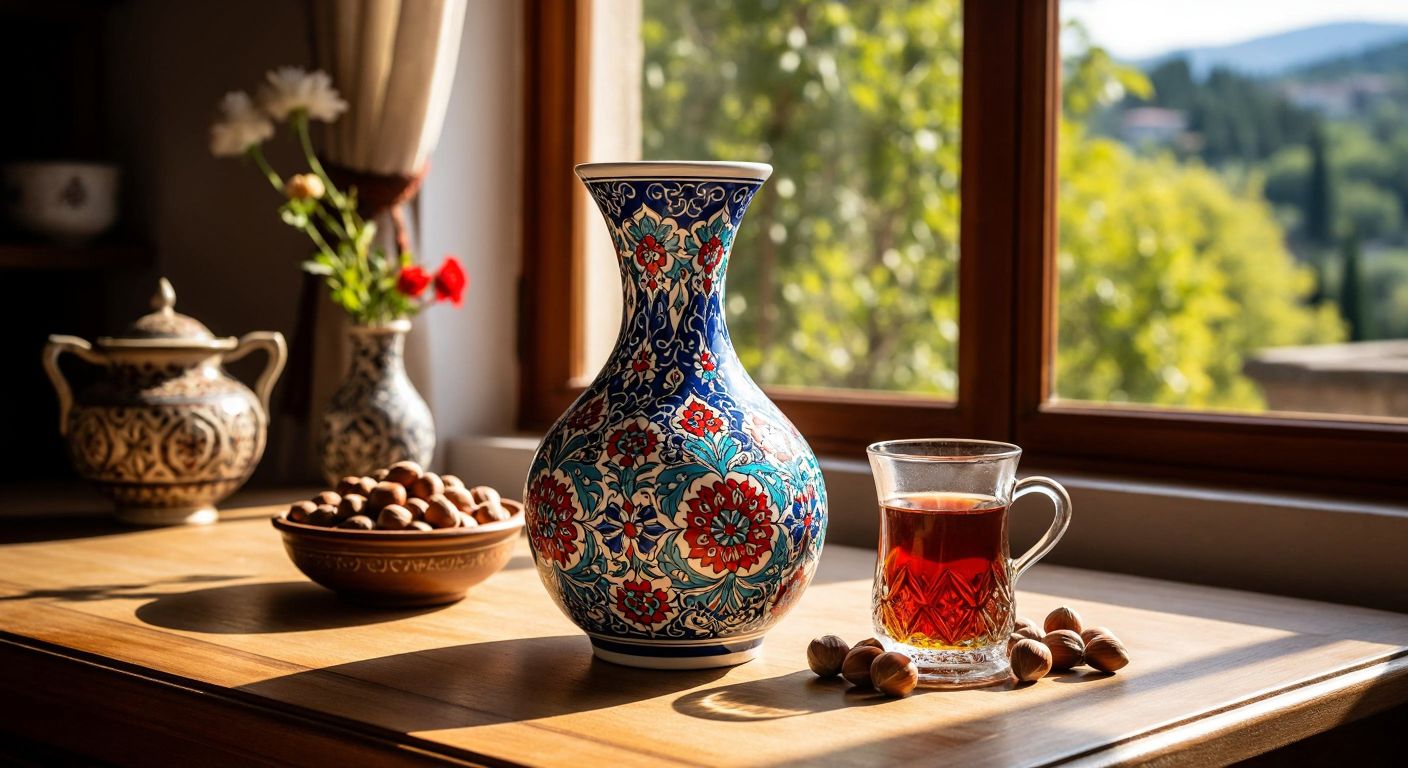 A sleek, handcrafted ceramic vase with intricate Turkish floral patterns sits on a wooden table in a sunlit Anatolian home, surrounded by traditional tea glasses and a bowl of hazelnuts.