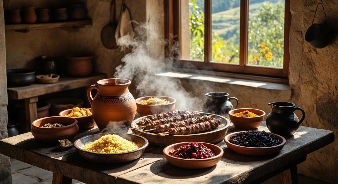 A rustic wooden table in a sunlit village home is laden with steaming Tokat kebab, a clay jar of dark Zile pekmezi, a bowl of golden bat, and a small dish of duru pekmez, surrounded by warm, inviting shadows and the aroma of traditional spices.