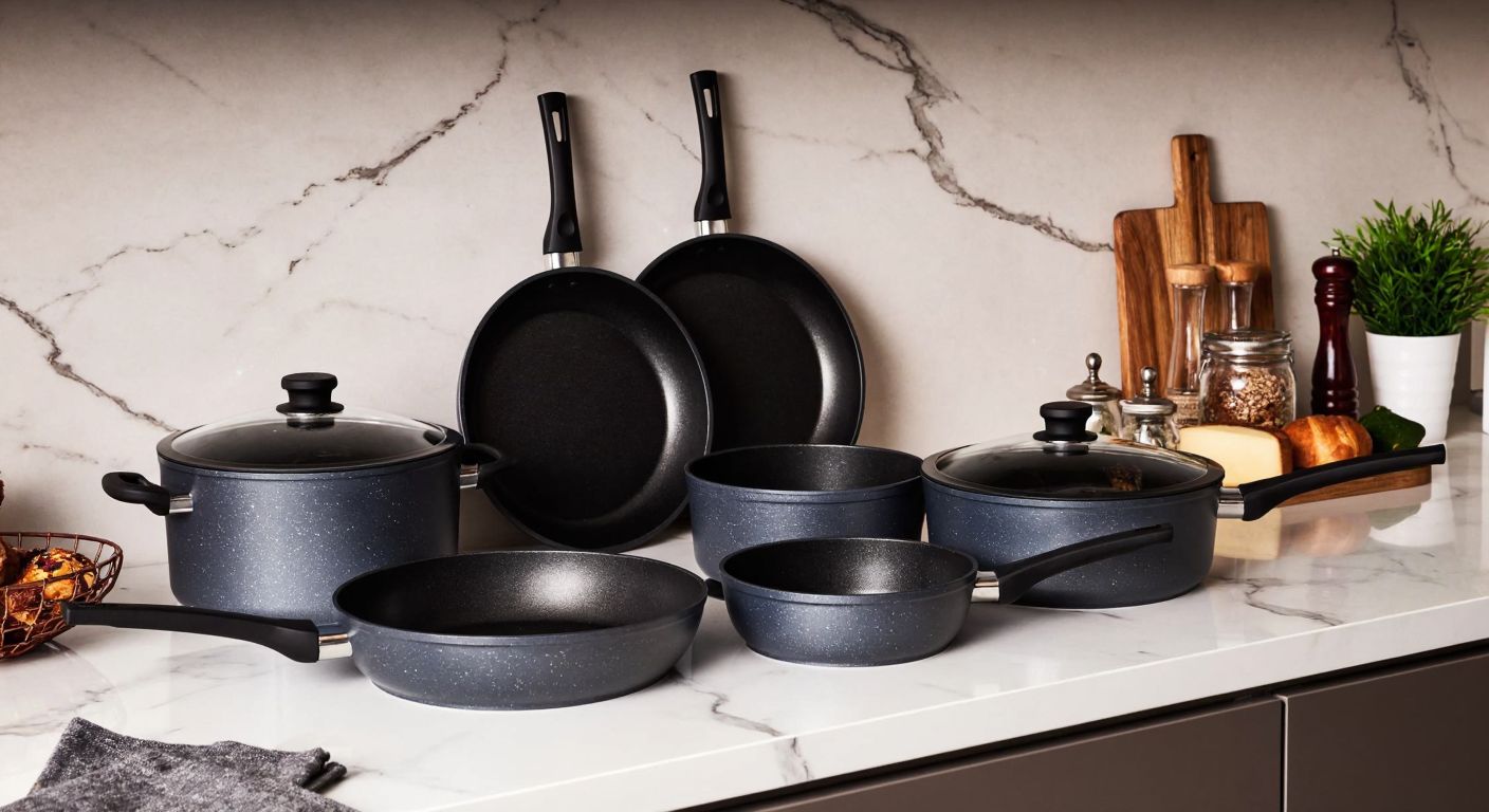 A modern Turkish kitchen with sleek, durable Mudo Concept cookware—granite pots and cast-iron pans—arranged neatly on a marble countertop, reflecting elegant design and functionality.