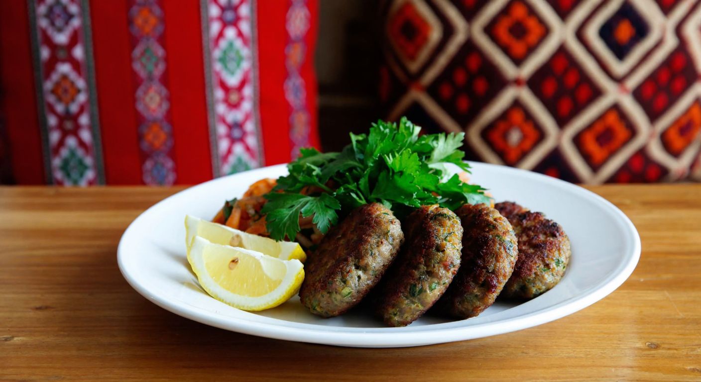 A golden-brown plate of Balkan köftesi, garnished with fresh parsley and lemon wedges, placed on a rustic wooden table in a cozy Edirne home with traditional Turkish textiles in the background.