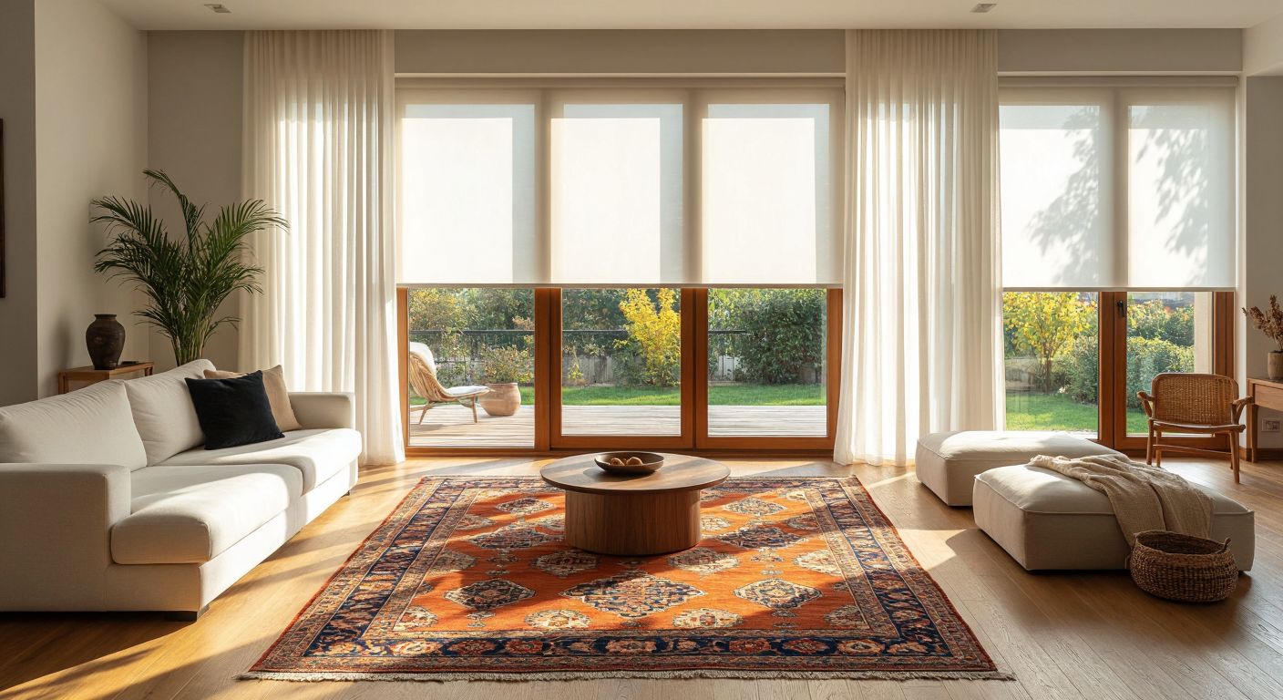A sunlit Turkish living room with large windows showcasing three types of roller blinds side by side—a sheer white tulle, a dark blackout fabric, and a pleated beige screen—each casting different light patterns on a wooden floor with a traditional kilim rug.