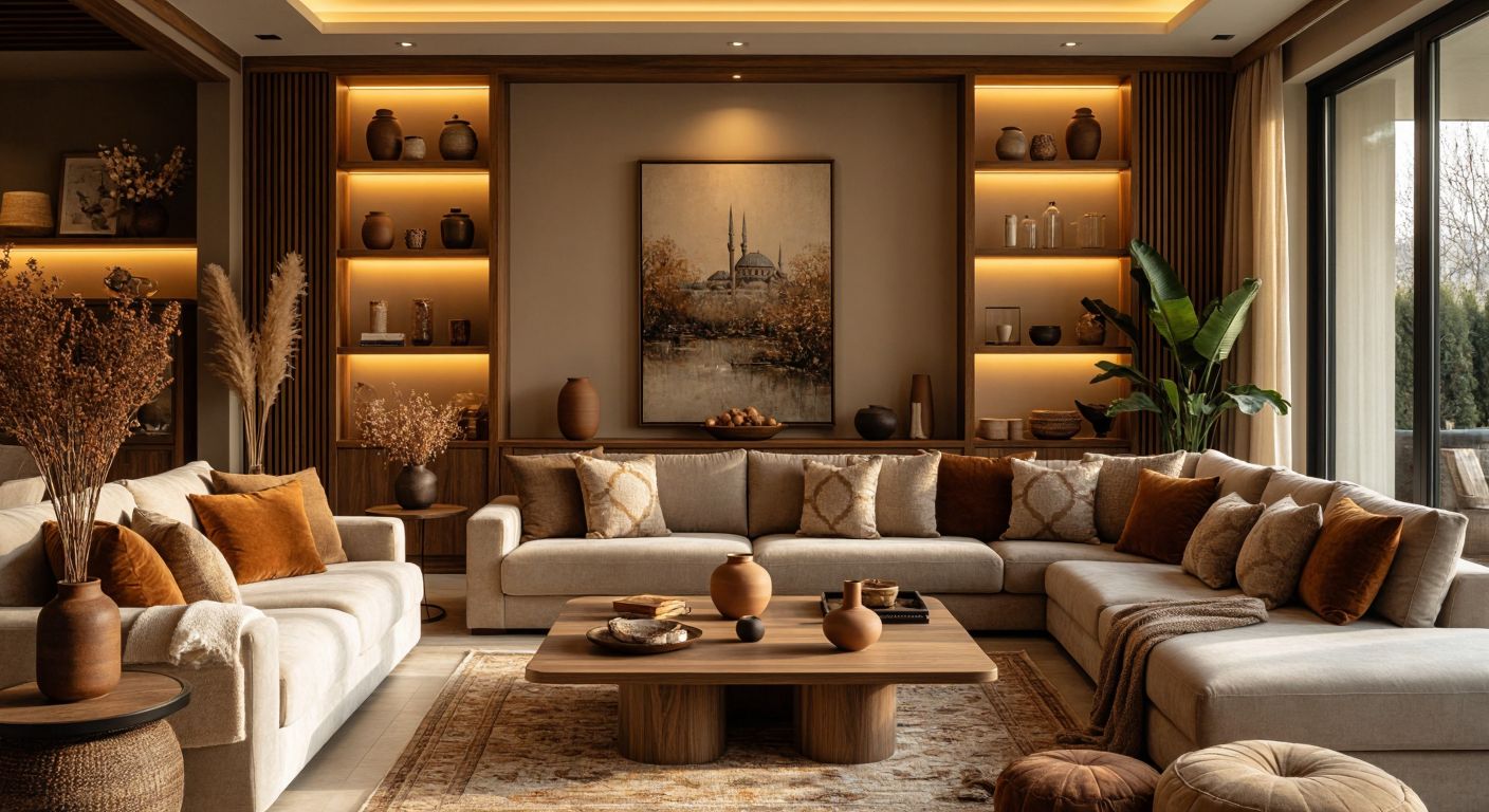 A cozy Turkish living room with English Home-branded furniture, featuring warm wooden shelves, plush sofas, and decorative ceramic vases under soft golden lighting.