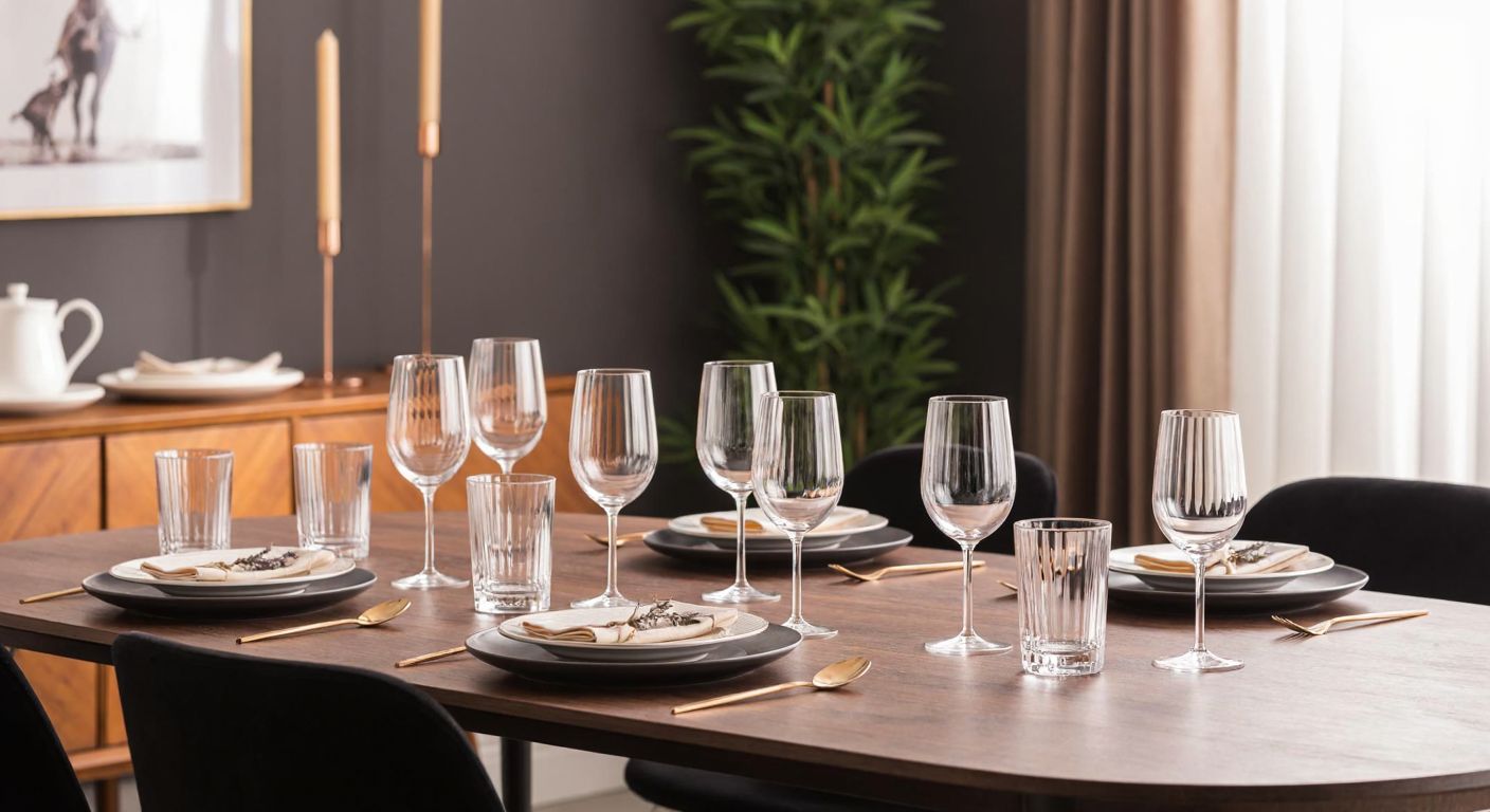 A neatly arranged set of twelve elegant, pearl-finished Karaca glasses on a wooden dining table in a Turkish home, with a warm, inviting atmosphere.