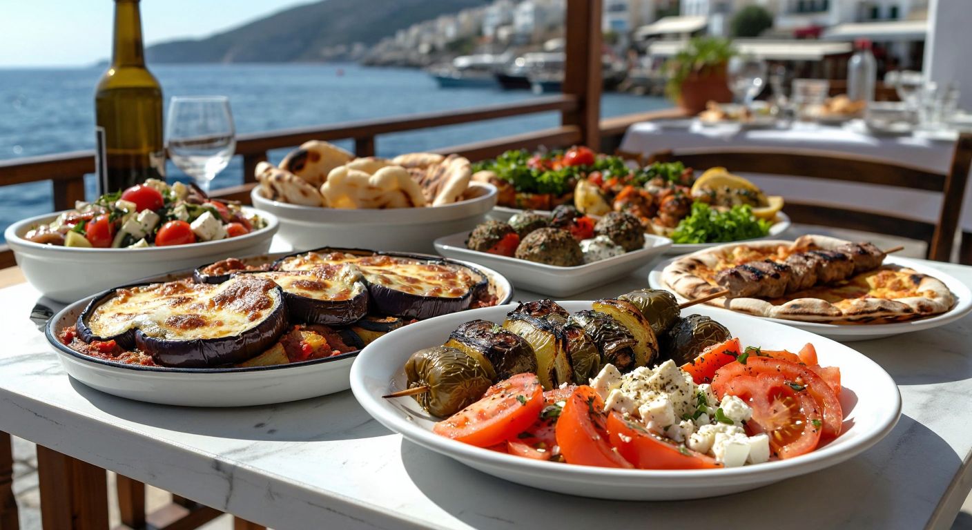A sunlit Greek taverna table laden with vibrant dishes: a steaming moussaka layered with eggplant and béchamel, golden gyros slices wrapped in warm pita, skewered souvlaki with charred edges, delicate dolmadakia on a platter, and a fresh horiatiki salad with chunky tomatoes and creamy feta.