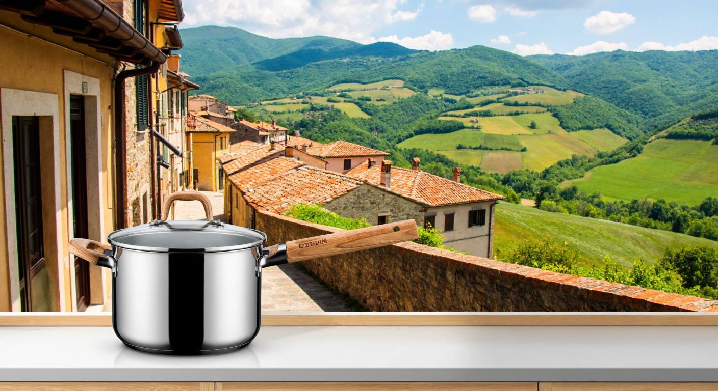 A rustic Italian village with cobblestone streets and terracotta-roofed houses nestled in rolling green hills, alongside a gleaming stainless steel pot with a wooden handle on a sunlit kitchen counter.