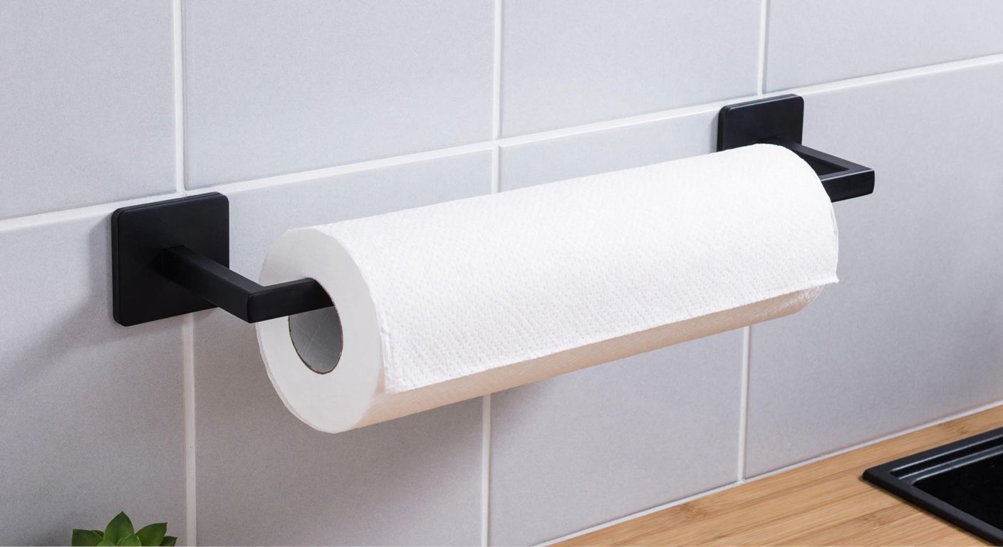 A sleek black metal paper towel holder with adhesive backing, mounted on a tiled kitchen wall in a modern Turkish home, holding a white paper towel roll.