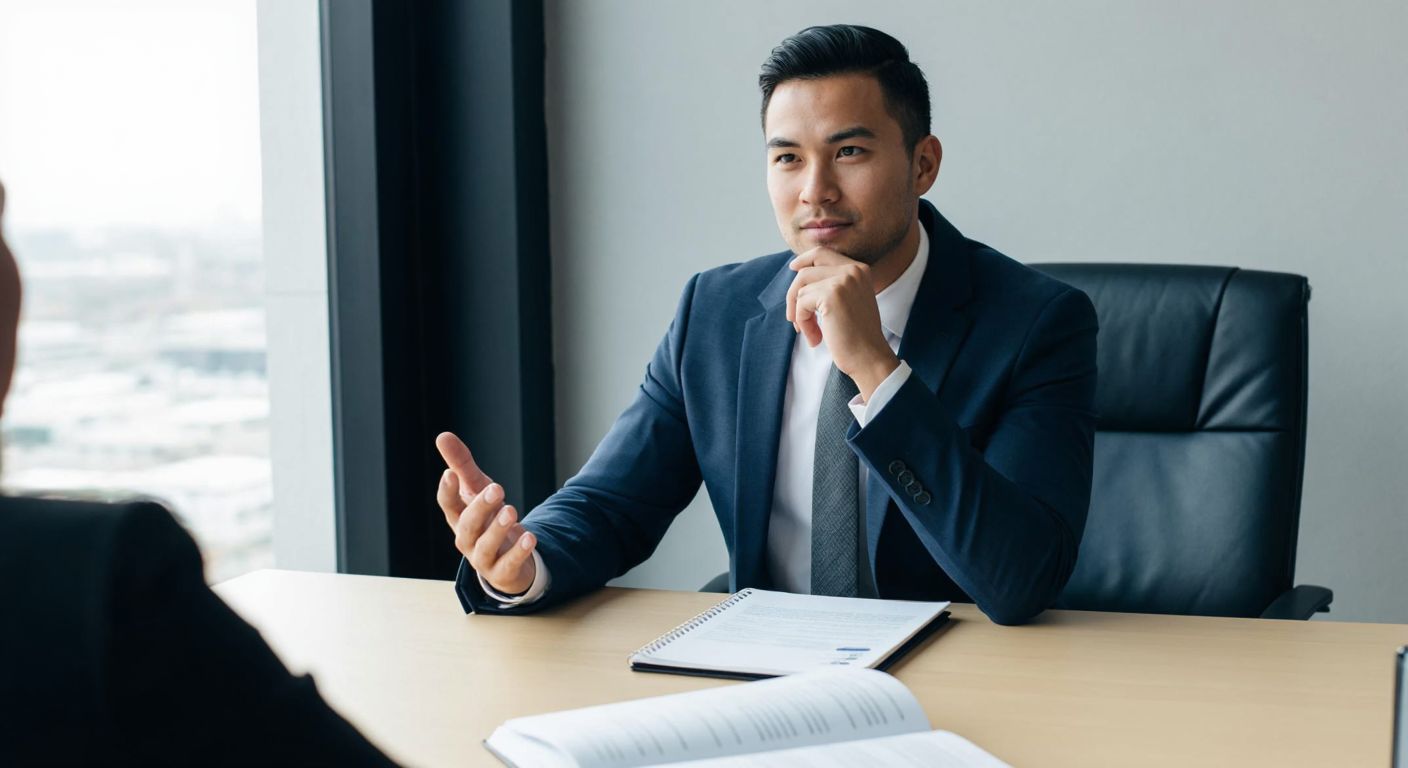 A confident young professional in a formal suit sits across from an interviewer in a sleek office, gesturing thoughtfully while a notebook with research notes lies open on the table between them.